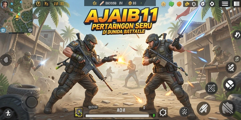 Screenshot AJAIB11 menampilkan pertarungan intens dalam gameplay Battle Royale.
