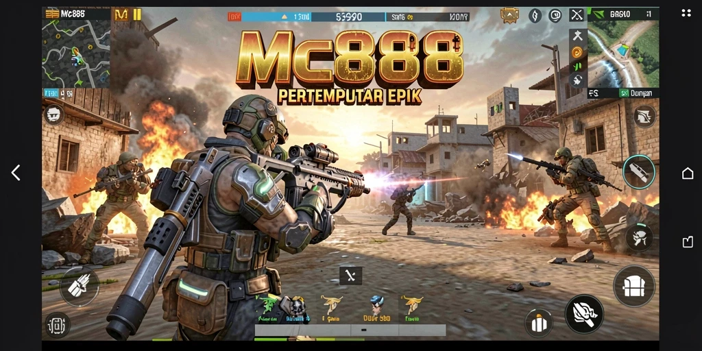 Screenshot dari gameplay intens MC888 dalam pertempuran FPS.