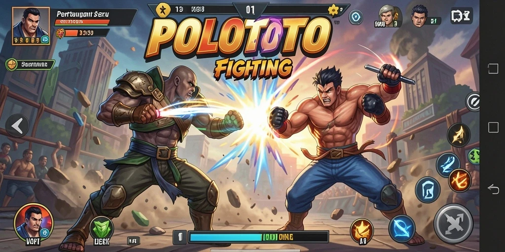 Screenshot menunjukkan aksi pertarungan seru dalam POLOTOTO.