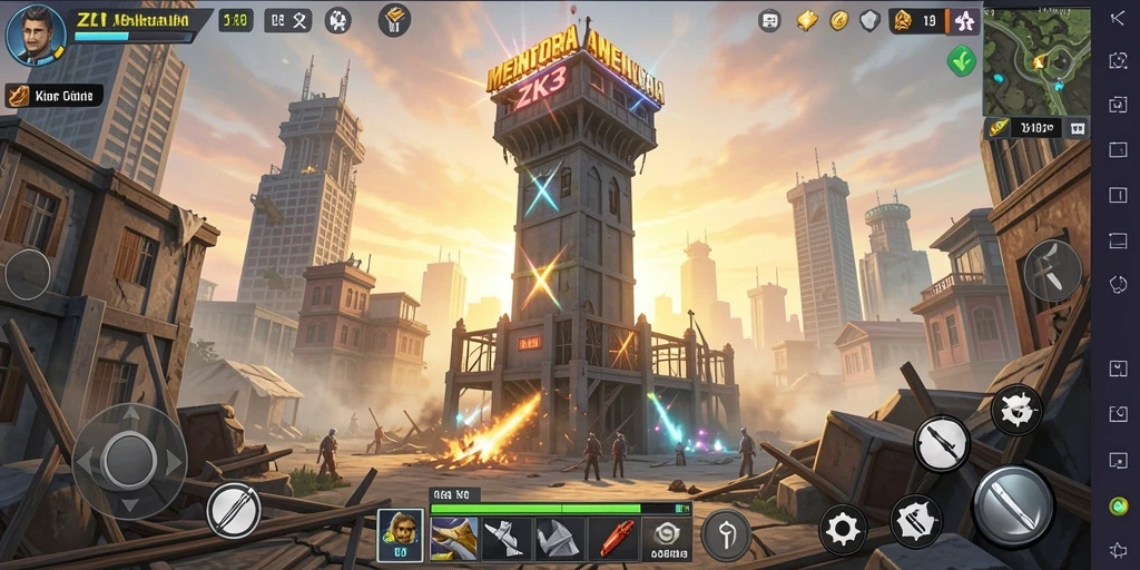 Gameplay ZK3 menampilkan menara dan serangan musuh yang mendebarkan.